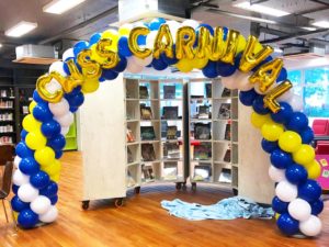 Blue and White Spiral Balloon Arch