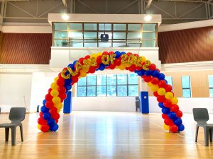 Red blue and yellow balloon arch decor